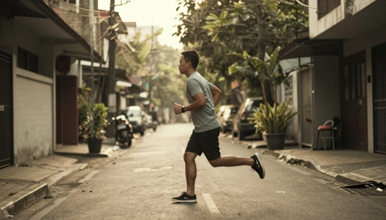 A man running through a Jakarta neighborhood in early morning golden-hour light