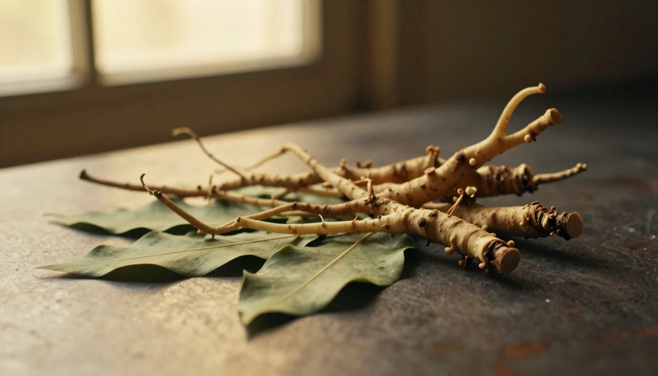 Botanical specimens on a dark apothecary surface lit by warm golden-hour light