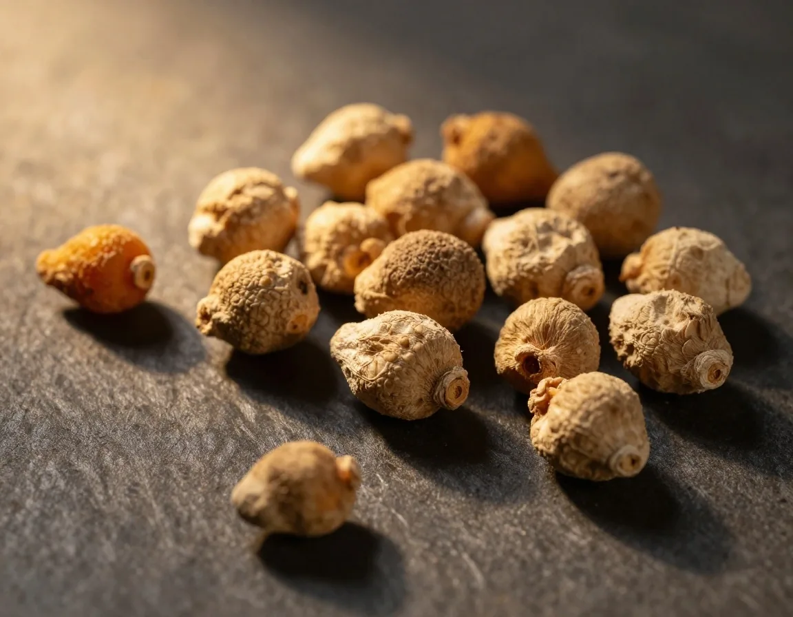 Dried maca root tubers on a dark surface