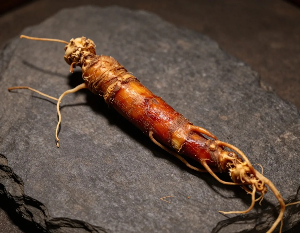Dried ginseng roots on a dark surface