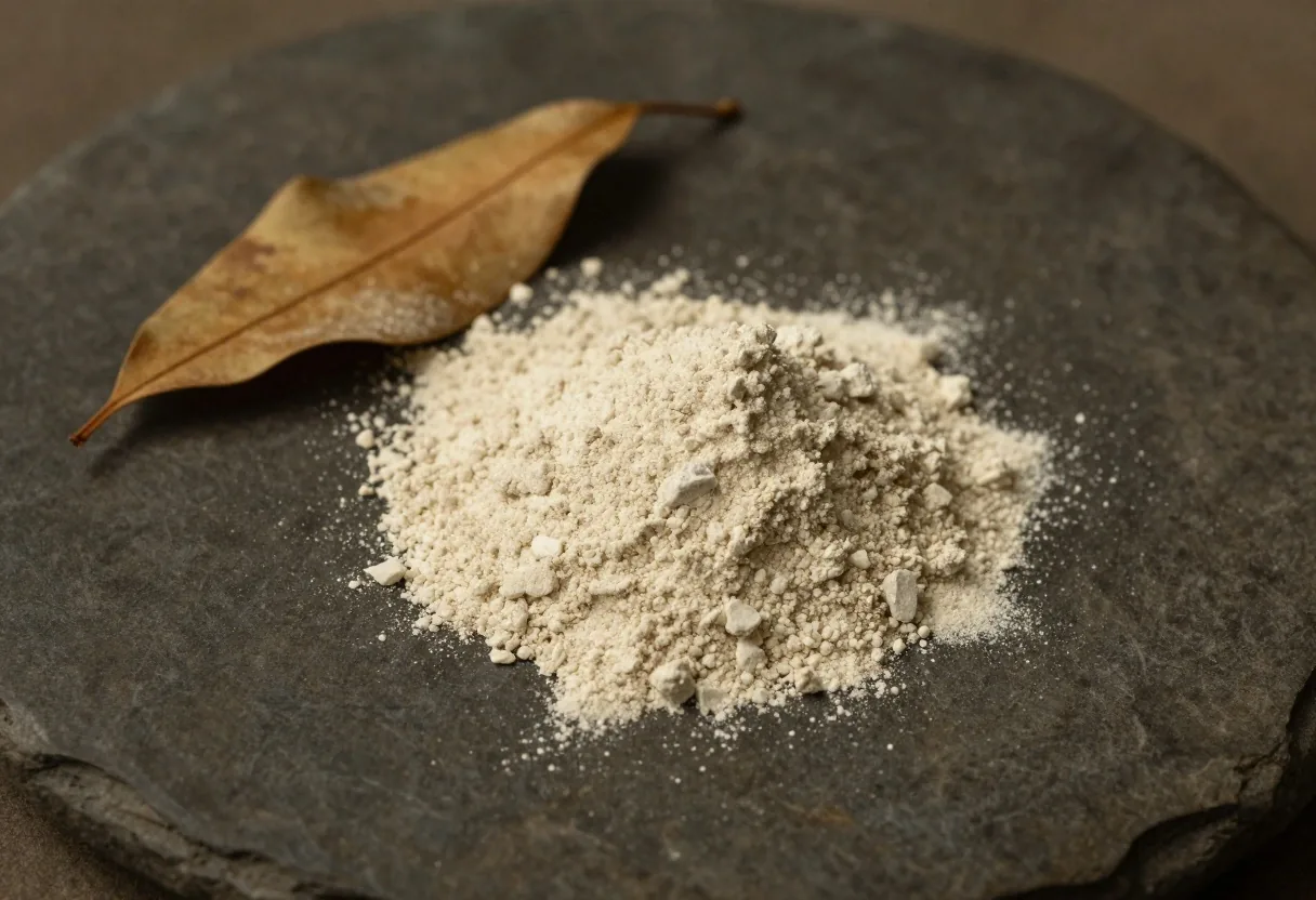Zinc powder in a mortar on a dark surface