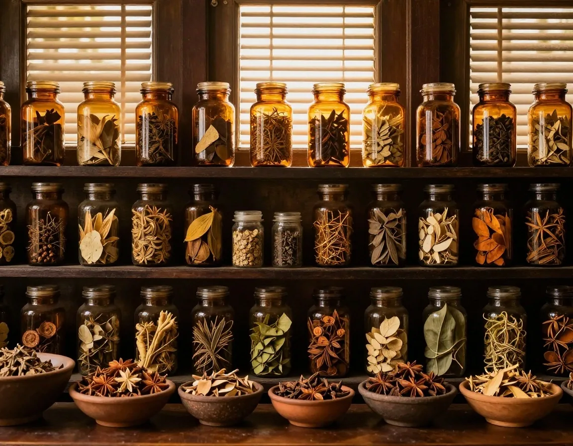 Apothecary shelf with botanical ingredients