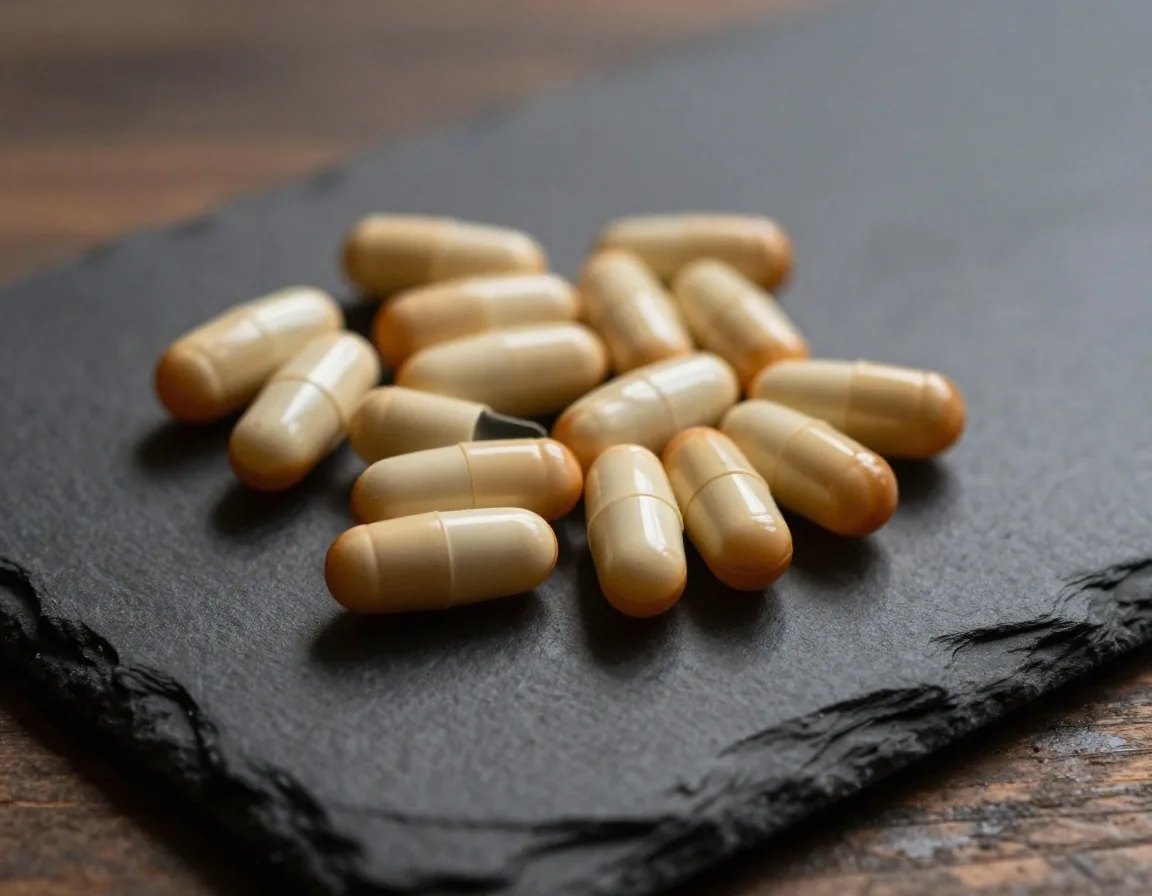 Multivitamin capsules on dark surface