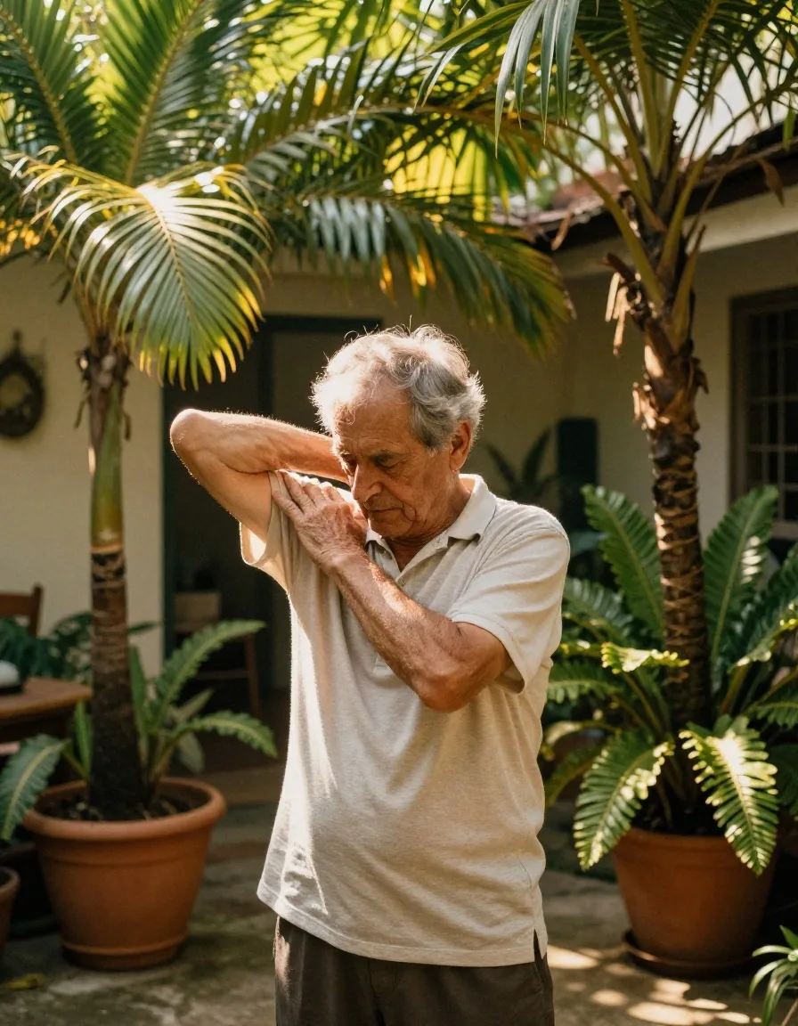 Older man stretching in a sunlit courtyard